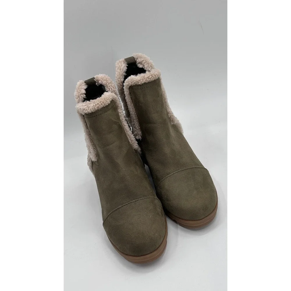 Sugar Haylei Hidden Heel Fur Trim Ankle Booties Olive Green Apres Ski Nordic